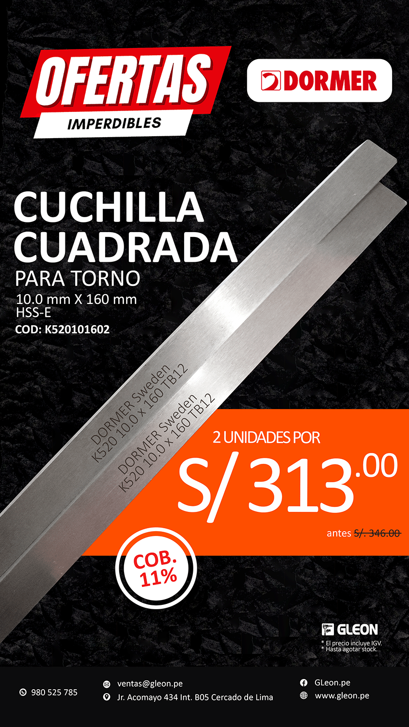 PACK X2 CUCHILLA CUADRADA 10X160MM HSS-E CO11% K520 DORMER